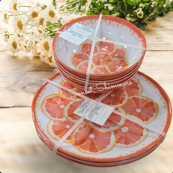 X8 Shabby Chic SUMMER CITRUS GRAPEFRUIT Thick Melamine Dinner Plates & Bowl Set - Picture 1 of 8